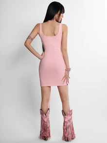 INAWLY Women's Y2K Sexy Style Casual Solid Color Rhinestone Twist Mini Dress Summer Going Out Night Out Club Pink - Pink - View 3