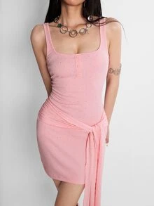 INAWLY Women's Y2K Sexy Style Casual Solid Color Rhinestone Twist Mini Dress Summer Going Out Night Out Club Pink - Pink - View 2