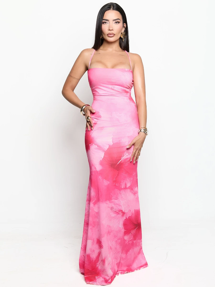 Dania Mndz Shop Gaun Kasual Tanpa Punggung Motif Bunga untuk Wanita, Cocok untuk Liburan, Gaun Musim Panas untuk Wanita - Mauve Purple - View 1