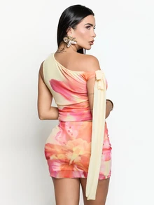 Dania Mndz Shop Women Floral Print Asymmetrical Shoulder Ruched Top And Mini Skirt 2-Piece Set,Orange And Yellow,Summer,Casual,Holiday,Vacation,Y2k Vacation Outfits - Multicolor - View 3