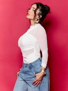 Dania Mndz Shop بدلة داخلية شبكية طويلة الأكمام غير متناظرة مع ربطات، مناسبة لحفلات المعاكس والمناسبات الرومانسية ، طبقة أساسية لفصلي الخريف والشتاء ، وحفلات الهالوين والكريسماس - أبيض - مشاهدة 5