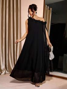 Cravure Plus Size Women's Chiffon Solid Color Dress With Asymmetric Neckline And Ruffle Trim, Elegant, Flowing And Slimming - Black - View 4