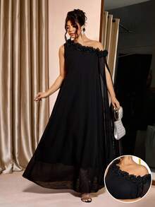 Cravure Plus Size Women's Chiffon Solid Color Dress With Asymmetric Neckline And Ruffle Trim, Elegant, Flowing And Slimming - Black - View 1
