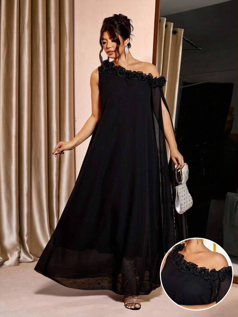 Cravure Plus Size Women's Chiffon Solid Color Dress With Asymmetric Neckline And Ruffle Trim, Elegant, Flowing And Slimming - Black - View 1