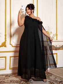 Cravure Plus Size Women's Chiffon Solid Color Dress With Asymmetric Neckline And Ruffle Trim, Elegant, Flowing And Slimming - Black - View 6