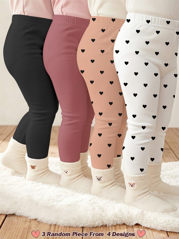 SHEIN Baby Girl Casual Cute Comfortable Polka Dot & Heart Print, Maillard Color Palette, Knitted Elastic Solid Color Elastic Waist Basic Leggings, Spring Summer Autumn Winter All-Season Daily Wear, Cozy Fall & Winter Styles, Fall New Style - Multicolor - View 2