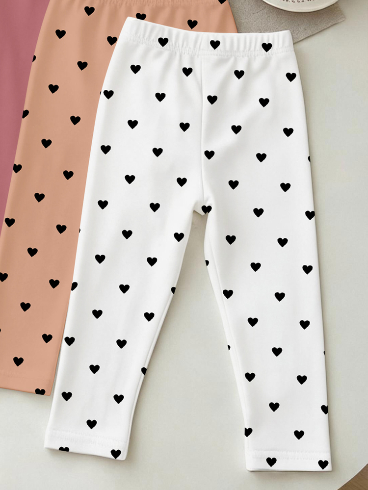 SHEIN Baby Girl Casual Cute Comfortable Polka Dot & Heart Print, Maillard Color Palette, Knitted Elastic Solid Color Elastic Waist Basic Leggings, Spring Summer Autumn Winter All-Season Daily Wear, Cozy Fall & Winter Styles, Fall New Style - Multicolor - View 5