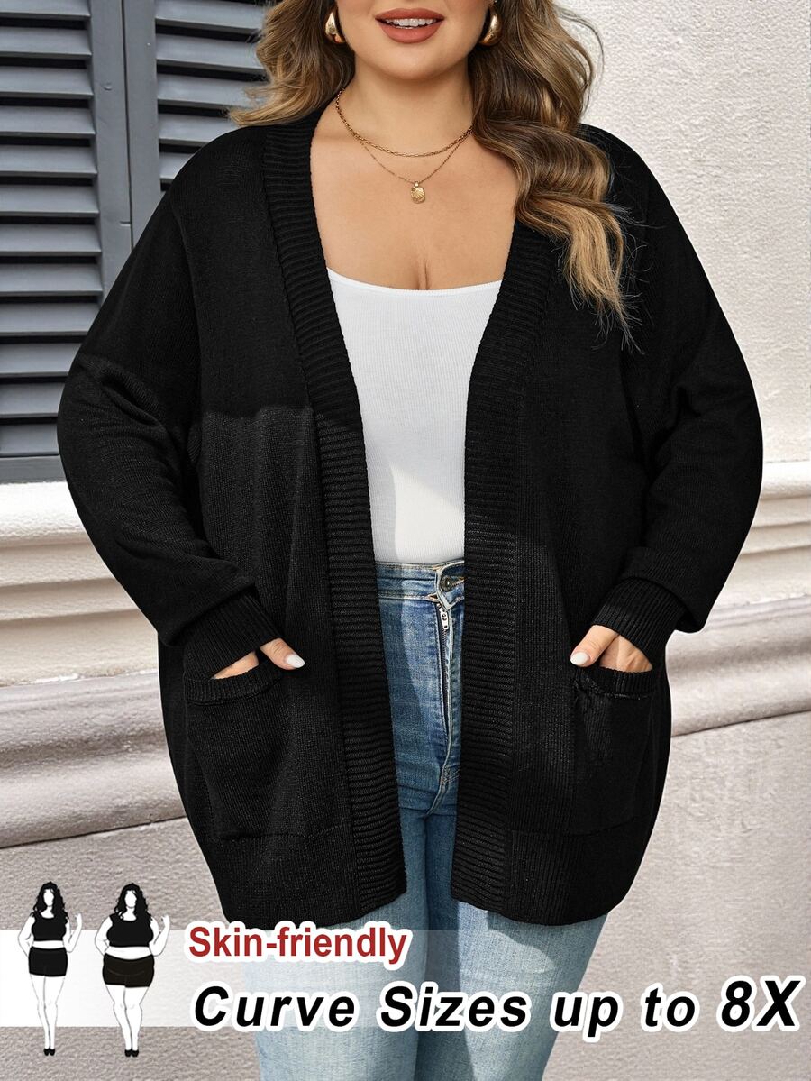 SHEIN CURVE+ Plus Solid Dual Pocket Cardigan For Spring Autumn, For Winter Fall Formal Office Black Casual Baggy Smart - Black - View 1
