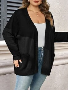 SHEIN CURVE+ Plus Solid Dual Pocket Cardigan For Spring Autumn, For Winter Fall Formal Office Black Casual Baggy Smart - Black - View 7