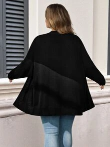 SHEIN CURVE+ Plus Solid Dual Pocket Cardigan For Spring Autumn, For Winter Fall Formal Office Black Casual Baggy Smart - Black - View 2