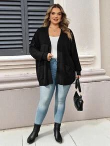 SHEIN CURVE+ Plus Solid Dual Pocket Cardigan For Spring Autumn, For Winter Fall Formal Office Black Casual Baggy Smart - Black - View 5