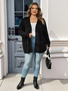 SHEIN CURVE+ Plus Solid Dual Pocket Cardigan For Spring Autumn, For Winter Fall Formal Office Black Casual Baggy Smart - Black - View 8