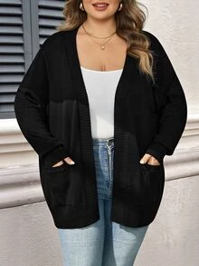 SHEIN CURVE+ Plus Solid Dual Pocket Cardigan For Spring Autumn, For Winter Fall Formal Office Black Casual Baggy Smart - Black - View 6