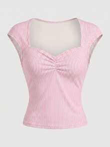 Teen Girl Striped Pleated Casual Versatile Everyday T-Shirt - Multicolor - View 2