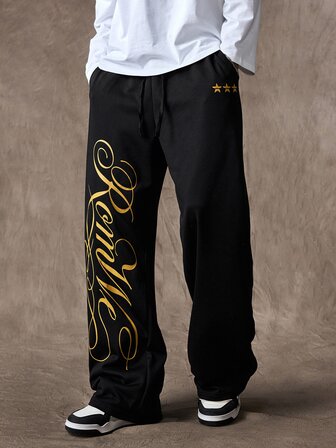 Street Life Pantaloni della tuta casual da uomo a gamba larga con coulisse in vita, tasche e stampa a lettere