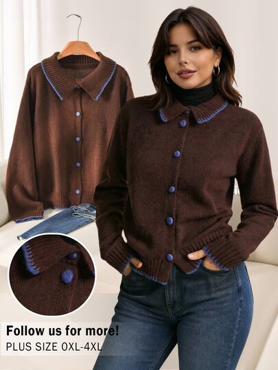 CosyJoli Cardigan Rajut Wanita Ukuran Besar Warna Cokelat Tua Vintage dengan Trim Kontras Biru Tua, Sweater Kasual Nyaman, Cocok untuk Kembali ke Sekolah Musim Gugur/Dingin