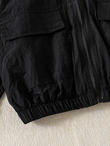SHEIN Explorewe Tween Girls Back-To-School Season Short Fashionable Badge Printed Hooded Jacket For Spring And Autumn Wear - Black - View 6