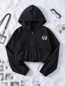 SHEIN Explorewe Tween Girls Back-To-School Season Short Fashionable Badge Printed Hooded Jacket For Spring And Autumn Wear - Black - View 1