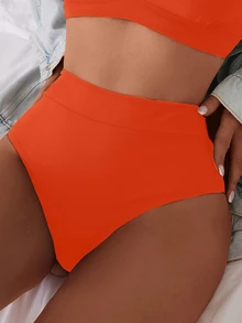 SHEIN Swim 2026春夏橘色深V領純色性感度假高衩比基尼泳衣兩件套女款 - 橘色 - 查看 3