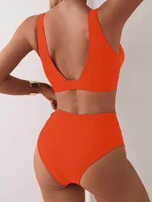 SHEIN Swim 2026春夏橘色深V領純色性感度假高衩比基尼泳衣兩件套女款 - 橘色 - 查看 2