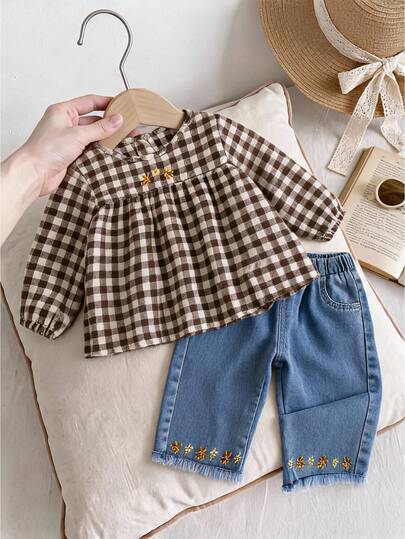 Vintaside Kids 2pcs Baby Girl Classic Plaid Blouse With Puff Lantern Sleeves And Dark Blue Wide Leg Jeans Set, Autumn/Spring