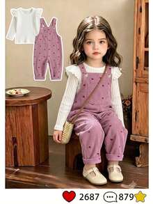 SHEIN Playful Pals 女嬰燈芯絨吊帶褲套裝，秋冬加厚保暖愛心刺繡吊帶褲 + 保暖刷毛針織內搭層，2件套，新款可愛女嬰服飾 - 粉色 - 查看 10