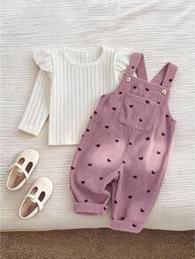 SHEIN Playful Pals 女嬰燈芯絨吊帶褲套裝，秋冬加厚保暖愛心刺繡吊帶褲 + 保暖刷毛針織內搭層，2件套，新款可愛女嬰服飾 - 粉色 - 查看 2