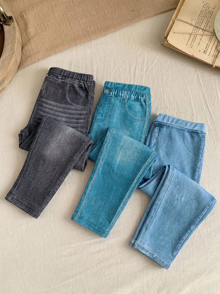 Young Girl 3PCS Young Girls Denim Effect Print Leggings - Multicolor - View 6