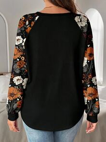 SHEIN SXY Vintage Elegant Plus Size Floral Print Loose Raglan Sleeve Round Neck T-Shirt For Plus Size Women, Suitable For Spring & Autumn,Flower/Summer/Vacation - Multicolor - View 2
