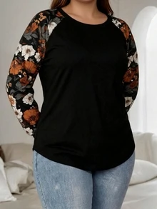 SHEIN SXY Vintage Elegant Plus Size Floral Print Loose Raglan Sleeve Round Neck T-Shirt For Plus Size Women, Suitable For Spring & Autumn,Flower/Summer/Vacation - Multicolor - View 5