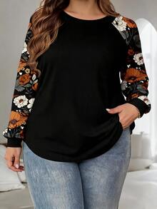 SHEIN SXY Vintage Elegant Plus Size Floral Print Loose Raglan Sleeve Round Neck T-Shirt For Plus Size Women, Suitable For Spring & Autumn,Flower/Summer/Vacation - Multicolor - View 1