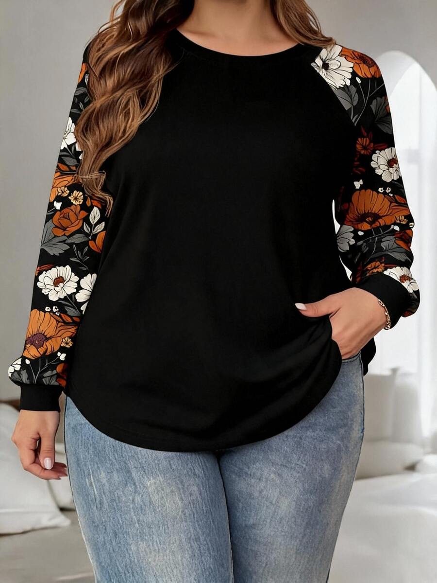 SHEIN SXY Vintage Elegant Plus Size Floral Print Loose Raglan Sleeve Round Neck T-Shirt For Plus Size Women, Suitable For Spring & Autumn,Flower/Summer/Vacation - Multicolor - View 1