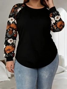 SHEIN SXY Vintage Elegant Plus Size Floral Print Loose Raglan Sleeve Round Neck T-Shirt For Plus Size Women, Suitable For Spring & Autumn,Flower/Summer/Vacation - Multicolor - View 3
