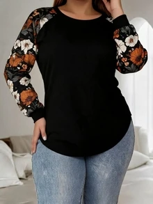 SHEIN SXY Vintage Elegant Plus Size Floral Print Loose Raglan Sleeve Round Neck T-Shirt For Plus Size Women, Suitable For Spring & Autumn,Flower/Summer/Vacation - Multicolor - View 4