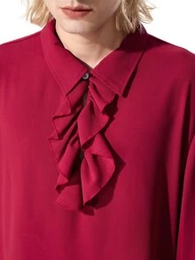 ROMWE MEN Men's Solid Color Ruffle Hem Casual Versatile Daily Wear Shirt - Burgundy - View 2