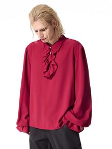 ROMWE MEN Men's Solid Color Ruffle Hem Casual Versatile Daily Wear Shirt - Burgundy - View 4