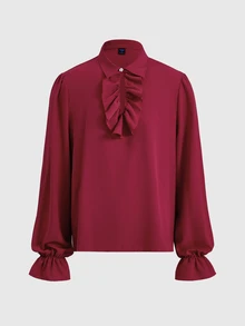 ROMWE MEN Men's Solid Color Ruffle Hem Casual Versatile Daily Wear Shirt - Burgundy - View 9