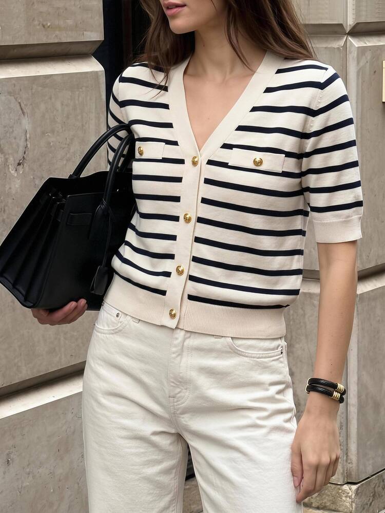 BizChic V-Neck Black And White Checkered Cardigan, Business Formal Brunch, Teachers' Day Style, Slouchy Chic French, Office, Elegant, Summer, Autumn, Daily - Multicolor - View 7
