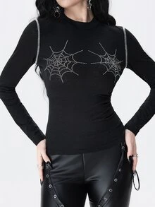 ROMWE Dark Gothic Rhinestone Spider Web Design Semi-Sheer Knit Women's Top, Autumn/Winter Halloween - Black - View 7
