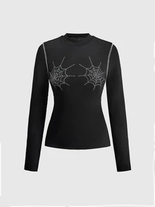 ROMWE Dark Gothic Rhinestone Spider Web Design Semi-Sheer Knit Women's Top, Autumn/Winter Halloween - Black - View 8