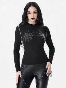 ROMWE Dark Gothic Rhinestone Spider Web Design Semi-Sheer Knit Women's Top, Autumn/Winter Halloween - Black - View 4
