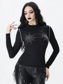 ROMWE Dark Gothic Rhinestone Spider Web Design Semi-Sheer Knit Women's Top, Autumn/Winter Halloween - Black - View 1