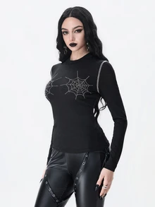 ROMWE Dark Gothic Rhinestone Spider Web Design Semi-Sheer Knit Women's Top, Autumn/Winter Halloween - Black - View 5