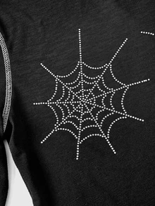 ROMWE Dark Gothic Rhinestone Spider Web Design Semi-Sheer Knit Women's Top, Autumn/Winter Halloween - Black - View 10