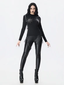 ROMWE Dark Gothic Rhinestone Spider Web Design Semi-Sheer Knit Women's Top, Autumn/Winter Halloween - Black - View 3