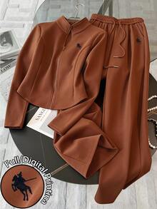 Resyla Women's Brown Casual Sports Small Stand Collar Waist-Cinching Long Sleeve Jacket And Wide Leg Pants 2 Pieces Set, Spring/Autumn - Brown - View 1
