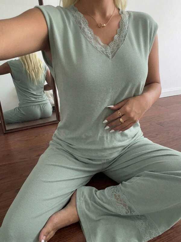 Dazy Plus Solid Color Casual Contrast Lace Sleeveless Top And Long Pants Pajama Set, Spring Summer Autumn