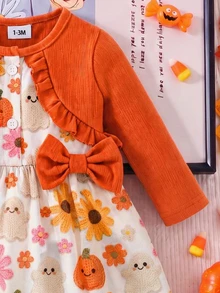 SHEIN 2件裝女嬰A字洋裝，可愛甜美橘色南瓜花卉蝴蝶結仿針織荷葉邊長袖圓領常規款，萬聖節秋季舒適公主芭蕾風 - 彩色 - 查看 6