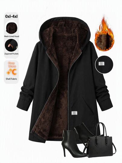 SHEIN Clasi Plus Size Minimalist Zipper Pocket Hooded Jacket Autumn Family Vacation Office Black