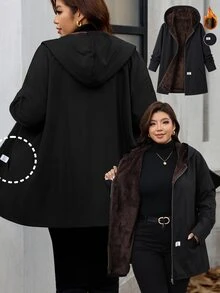 SHEIN Clasi 大尺碼極簡風拉鍊口袋連帽外套 秋季家庭度假辦公穿搭 黑色 - 黑色 - 查看 3